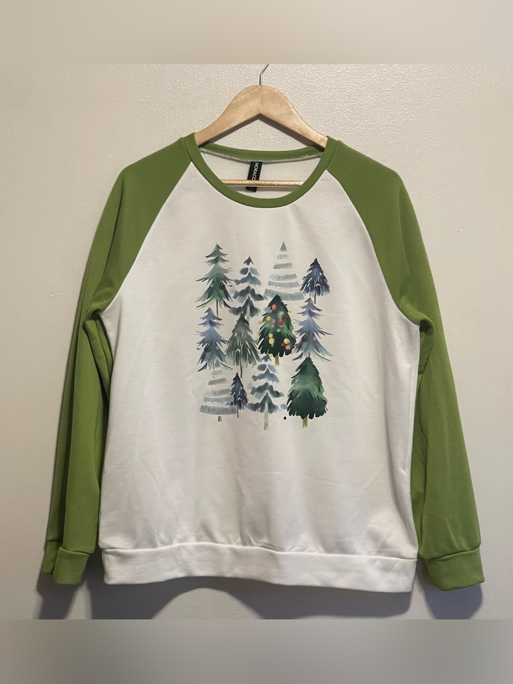 Green Raglan Long-Sleeve Top with Holiday Tree Print NWOT